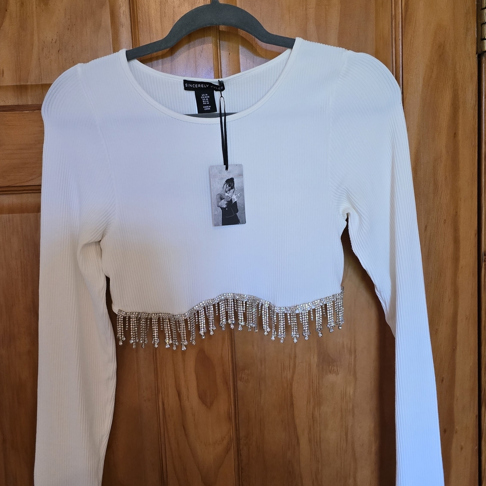 White Long Sleeve Cropped Top with Diamond Fringe